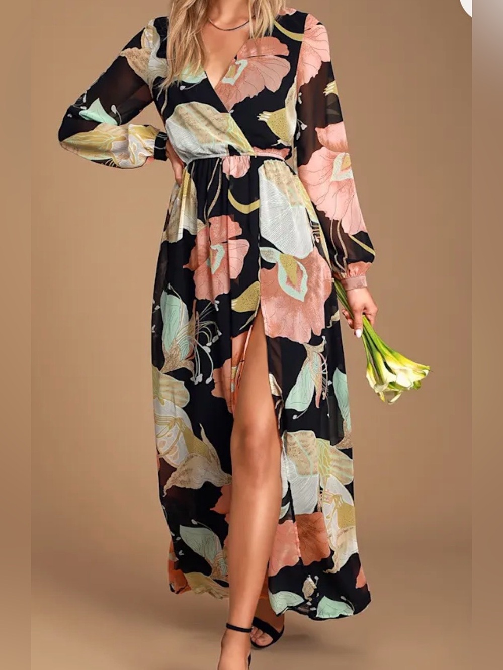 Lulus Wondrous Water Lilies Black Floral Print Maxi Dress Size Medium Event